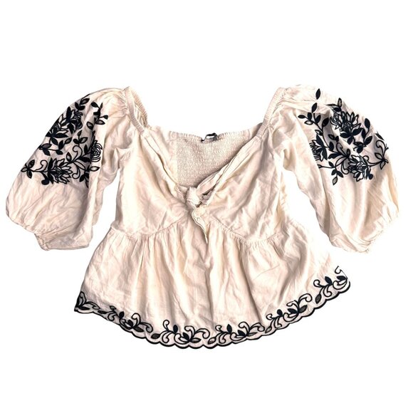 Express Womens Peasant Blouse M Embroidered Balloon Sleeves‎ Sweetheart Neckline - Picture 1 of 6
